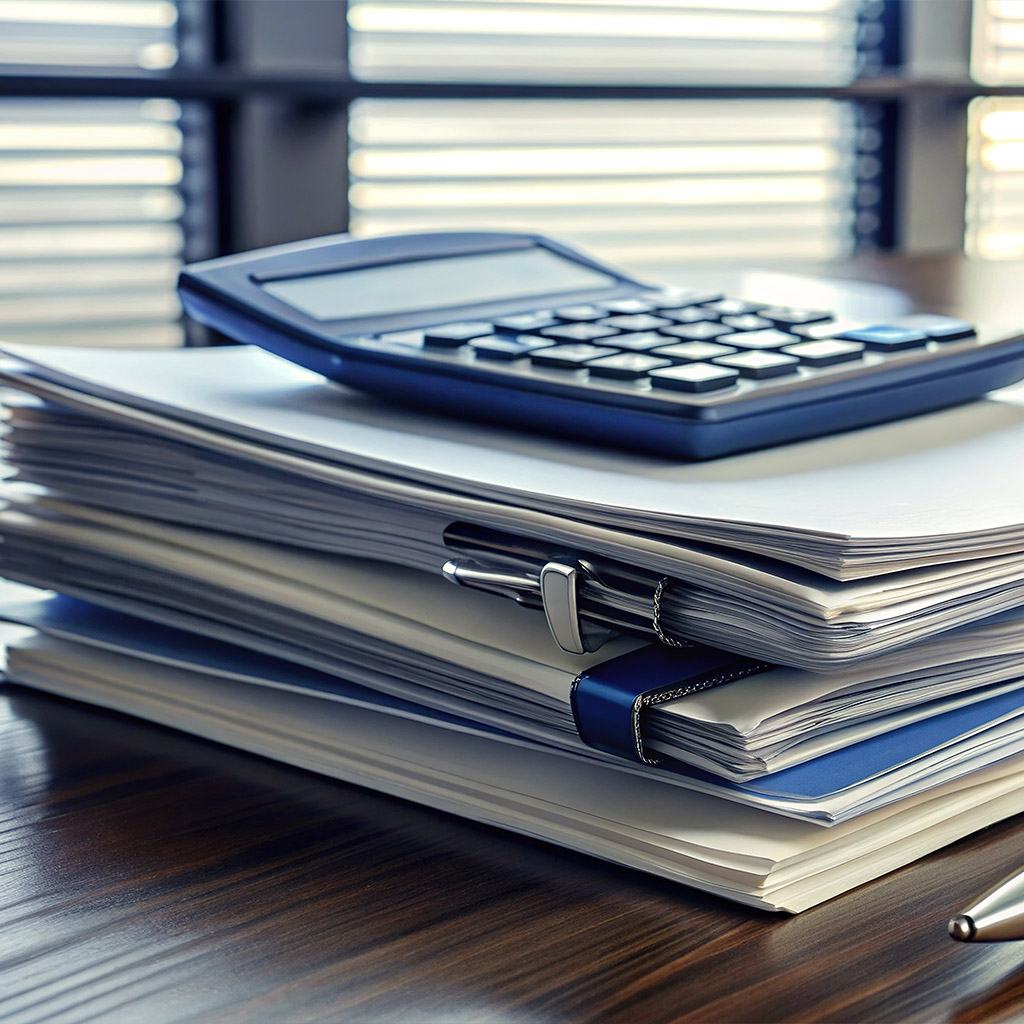 Close-up of a neatly organized desk with a stack of insurance policy documents, a pen, and a calculator, conveying a sense of professionalism and security.